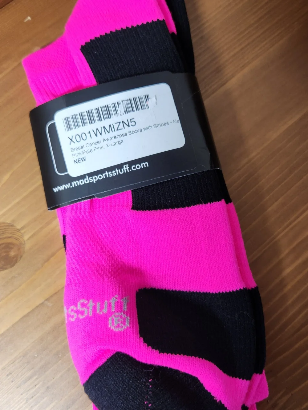 NWT Neon Pink Ribbon Breast Cancer Awareness Sports Socks Stripes XL